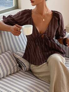 Livesso 女士条纹短袖系带休闲衬衫 - 紅色 - 查看 7