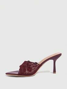 CUCCOO SZL Women Embroidered Lace Pointed Toe Stiletto Heeled Sandals Summer Shoes - Burgundy - View 4
