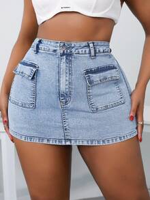 SHEIN SXY Plus Size Women High Waist Pocket Casual Skinny Denim Skorts - Light Wash - View 3