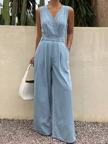 Livesso Bộ jumpsuit denim không tay cổ chữ V dành cho nữ, kiểu dáng thường ngày, thích hợp cho kỳ nghỉ hè. - Rửa nhẹ - Xem 5