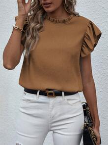 Breezaya Women's Summer Casual Minimalist Ruffle Collar Blouse - Brown - View 6