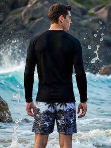 Manfinity KASUA 男士字母印花撞色长袖上衣和棕榈树印花短裤泳装套装 - 黑色 - 查看 2