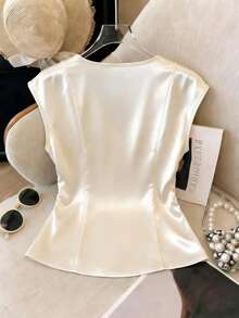 Franclia 女士优雅V领褶皱杏色时尚衬衫，适合优雅造型、夏季穿着、春季度假装扮 - 杏色 - 查看 2