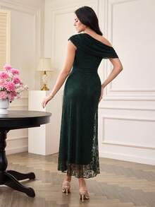 Modelyn Đầm ren màu xanh ô liu, kiểu dáng bất đối xứng, có bèo nhún, thanh lịch dành cho nữ, thích hợp cho các sự kiện trang trọng, tiệc tùng, dạ hội. - Màu xanh lá cây đậm - Xem 2