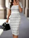 Editum Women's Square Neck Short Sleeve Black Plaid Fitted Elastic Bodycon Pencil Skirt Dress, Elegant For Daily Wear, Commuting, Spring & Summer,Dresses For Women Summer