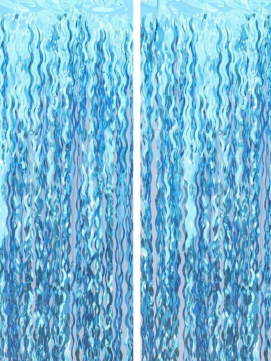 3.2 Ft X 6.6 Ft Blue Mermaid-Themed Wave Metal Thread Fringe Backpack, Suitable For Birthday Party Decorations And Photography Props - blue - View 1