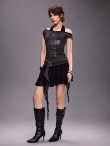 ROMWE Grunge Punk Vestido mini asimétrico con tirantes de metal con lentejuelas, estilo punk, para primavera/verano y festivales - Multicolor - Ver 5