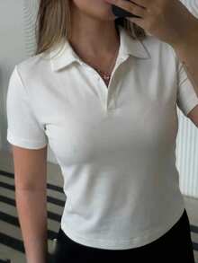 Livesso Women's Casual Versatile Solid Color Short Sleeve Polo Neck Loose T-Shirt Summer,Business Casual Women - White - View 8