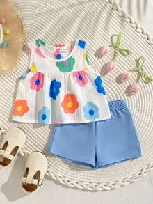 SHEIN Playful Pals 女婴白色纯色提花无袖褶皱露脐上衣，饰以彩色波点印花，搭配粉色松紧腰短裤，舒适优雅的法式乡村风春夏度假装扮 - 藍色 - 查看 3