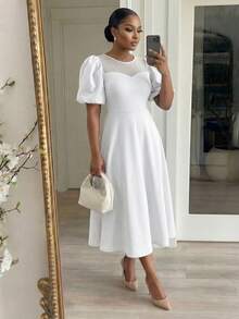 SHEIN Lady Chic Plus Size White Puffy Sleeve Midi Dress For Women With Sheer Neckline - White - View 3