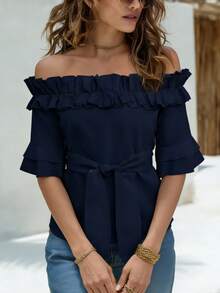 Hotletica White Off-Shoulder Ruffle Hem Casual Blouse For Women - Navy Blue - View 3
