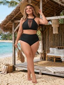 SHEIN CURVE+ 2026新款加大码夏季沙滩纯色比基尼套装，两件式比基尼套装，夏季度假沙滩装，女士沙滩装，泳装 - 黑色 - 查看 3