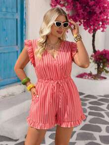 Vivid Eden Plus Size Striped Frill Trim Jumpsuit,Women's Red Summer Boho Satin Vacation Holiday Casual Beach Outfits, Festival Zoey Zante Zanzea Dress - Red - View 12
