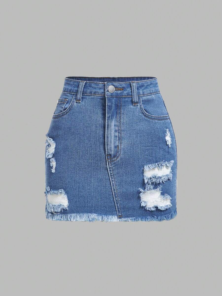 SHEIN MOD Minifalda de mezclilla ajustada con lavado desgastado y desgastada para tallas grandes - Azul lavado medio - Ver 1