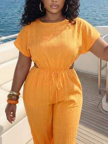 Slaydiva 春夏优雅通勤休闲装,生日派对、毕业典礼、学生装、日常外出、百搭单品、休闲度假、邮轮旅行、海滩、日光浴、商务休闲、简约休闲度假外出女式时尚绿色角色扮演连体裤,短灯笼袖和哈伦裤设计 - 橙色 - 橘色 - 查看 9