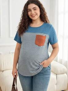 Plussiva Plus Size Maternity Striped Print Pocket Round Neck Short Sleeve Top Tshirts For Women Casual Tshirt Summer Tops Ladies New T Shirt Blouses - Multicolor - View 2