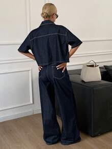 Livesso 女士夏季休闲套装 - 短袖衬衫和阔腿牛仔裤 - 深色水洗藍 - 查看 2