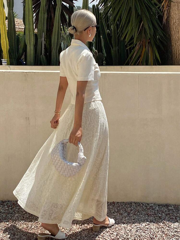 Spring & Summer Elegant Short Sleeve Top And High Waist Embroidered Skirt 2 Pieces Set For Women