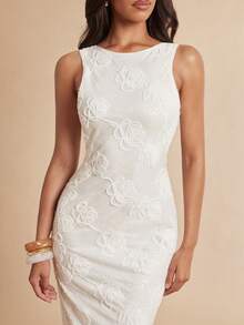 Silquee Vestido de mujer sin mangas de cuello redondo con jacquard de malla, primavera/verano - Blanco marfil - Ver 3