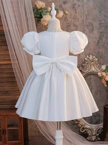 Glamorique Kids Girls' White Sleeveless Beaded Bow Decor Party Dress, Children's Birthday Wedding Flower Girl Dress, Minimalist Elegant Princess Gown For Party White Bow Dress Girls Elegant White Dress Disneyland Flower Girl Princess Dress White Baptism Dress With Pearls Sparklyn Short Sleeve Girls Dress Little Sister Girl White Elegant Dress White Pearl Dress Communion White Flower Girl Dress Girls Dress Short Sleeve - Beige - View 2