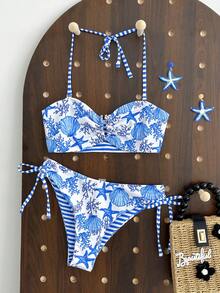 Swim Vcay Bộ bikini nữ kiểu dáng thường ngày, họa tiết vỏ sò, có dây đeo rời, thích hợp cho đám cưới, hoạt động ngoài trời, mùa hè. Bikini in hình sao biển màu xanh dương, bikini xanh trắng, đồ bơi in hình vỏ sò, đồ đi nghỉ mát, du lịch biển, tắm nắng, bộ đồ đi biển cho nữ, bộ bikini cho nữ, đồ bơi đi nghỉ mát cho nữ. - Nhiều màu - Xem 3