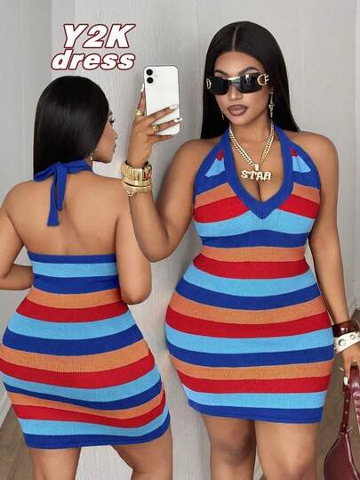 Maweii Đầm len nữ dáng ngắn, không tay, cổ chữ V sâu, buộc nơ, hở lưng, phối màu sọc nhiều màu sắc, ôm eo, tôn dáng, cỡ lớn, thích hợp mặc hàng ngày, đi du lịch, dã ngoại, bãi biển, phong cách retro. Thích hợp cho mùa xuân hè.