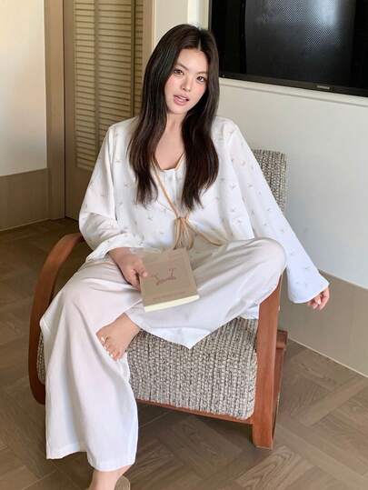 Dazy Plus 3件套蝴蝶结印花撞色滚边吊带背心和宽松睡裤套装，大码女式春夏睡衣