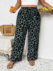 SHEIN Frenchy Plus Size Women Leopard Print Drawstring Waist Casual Pants - Multicolor - View 4