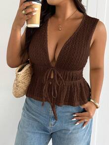 Lounesse Plus Size Casual Solid Color Camisole Brown Summer Top Brown Tops For Ladies Cute Top Latest Tops For Women New Arrivals - Brown - View 4
