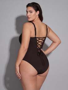 Shapewave 2026新款大码塑身连体泳衣 | 深V领加厚罩杯，提升支撑 | 宽肩带，舒适贴合 | 高弹面料，收腹塑形 | 纯色简约优雅设计 | 适合游泳池、水疗中心和度假穿着 - 棕色 - 查看 7