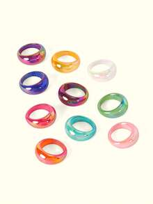 Popjeli 10 Piezas/set Anillos Grandes Y De Forma Redonda De Resina Geométrica Con Estilo Para Accesorios De Fiesta De Mujer - Multicolor - Ver 2