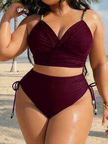Swim Vcay 2件套加大码女式卡其色V领优雅复古贝壳装饰两件套性感时尚沙滩装，夏季 - 酒紅色 - 查看 3