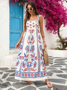 Vivid Eden 女士优雅浪漫度假吊带连衣裙，适合春夏休闲穿着和海滩装扮 - 藍白色 - 查看 9