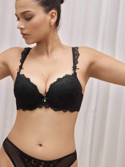 Bralution 1 件女士蕾丝花朵舒适加垫钢圈文胸，厚杯支撑性感提升文胸内衣