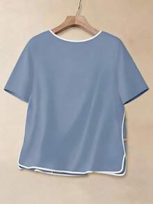 SHEIN LUNE 大码女式夏季休闲度假日常通勤撞色滚边侧扣宽松短袖上衣 - 淺藍色 - 查看 2