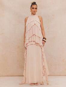 Lumalex 女士无袖飘逸多层网纱不对称荷叶边鱼尾连衣裙 - 杏色 - 查看 10