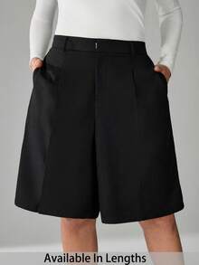 SHEIN Tall CURVE Quần short Bermuda màu đen trơn thời trang dành cho nữ cỡ lớn, dáng suông, cạp cao giúp bạn trông thon gọn và chân dài hơn, phù hợp với phụ nữ cao. Cạp cao giúp bạn trông thon gọn và chân dài hơn, thích hợp cho phụ nữ cao. Phù hợp cho mọi mùa và mọi dịp. - màu đen - Xem 6