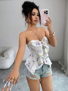 SHEIN Elenzya 女士春夏甜美性感风白色花卉印花抹胸领蝴蝶结装饰荷叶边下摆褶皱后背上衣 - 白色 - 查看 7
