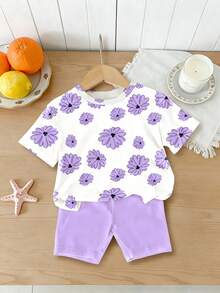 2 pièces/Set Ensemble T-shirt et short décontracté et polyvalent pour fillettes, avec T-shirt à imprimé floral violet mignon et short violet décontracté, idéal pour les sorties printanières et estivales - Multicolore - Voir 3