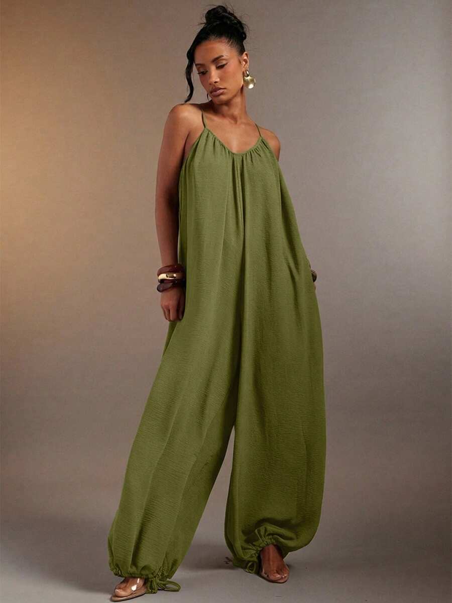Hauture Women's Sexy Cami Sleeveless Side Ruched And Drawstring Hem Jumpsuit - Army Green - View 1