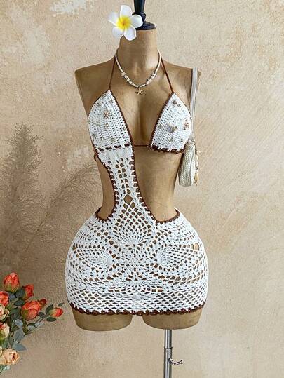 Soleia Women's Summer Vacation Beach Hollow Crochet Halter Knit Dress