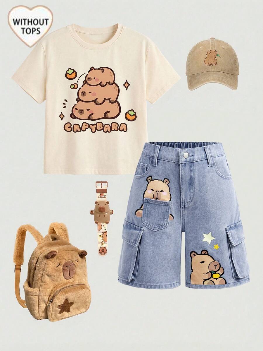 Girlism Tween Girl Fashion Homecoming Streetwear Casual Versatile Design Y2k Vintage Cool Street Cute Cartoon Otter Pattern Blue Loose Workwear School Denim Shorts Dailywear Summer To Rave Festival And Streetwear - Blue - View 1