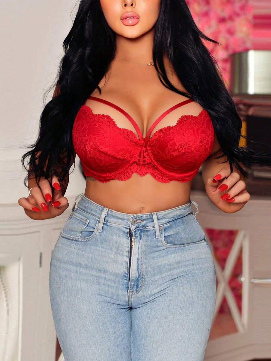 Seduluxe 1 pieza Sujetador con aros de encaje de talla grande - Rojo - Ver 1