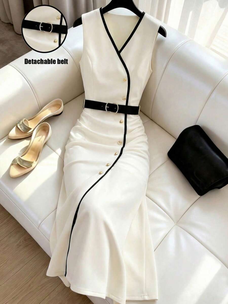 SHEIN Franclia 女士V领无袖连衣裙，领口饰有滚边，A字廓形，收腰设计，配有黑色皮带装饰，编织面料，优雅时尚，适合日常穿着。 - 杏色 - 查看 1