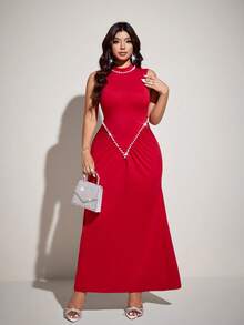 Viva Relle Plus Size Women's Pearl Rhinestone Embellished Little Red Dress,Elastic Knit Sleeveless Evening Gown,Red And White,Summer,Elegant,Party New Year Dress - Burgundy - View 5