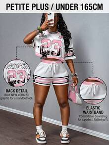 SHEIN PETITE CURVE 大码女式休闲撞色数字印花短袖上衣短裤套装，夏秋季穿搭，Y2K风格，休闲/返校/居家服，2件套 - 彩色 - 查看 6