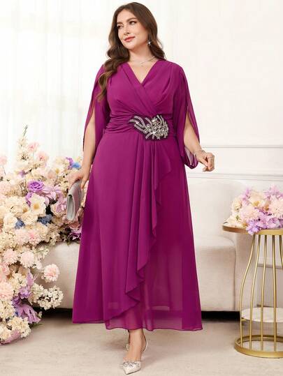 Ellevyn Đầm thanh lịch cổ chữ V thắt eo dành cho nữ cỡ lớn, trang trí hoa văn.