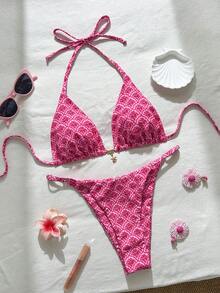 Swim Vcay 女士热带花卉印花挂脖系带比基尼套装，性感侧边可调节三角文胸和内裤，热门沙滩度假休闲优雅比基尼套装，情人节适用 - 彩色 - 查看 1