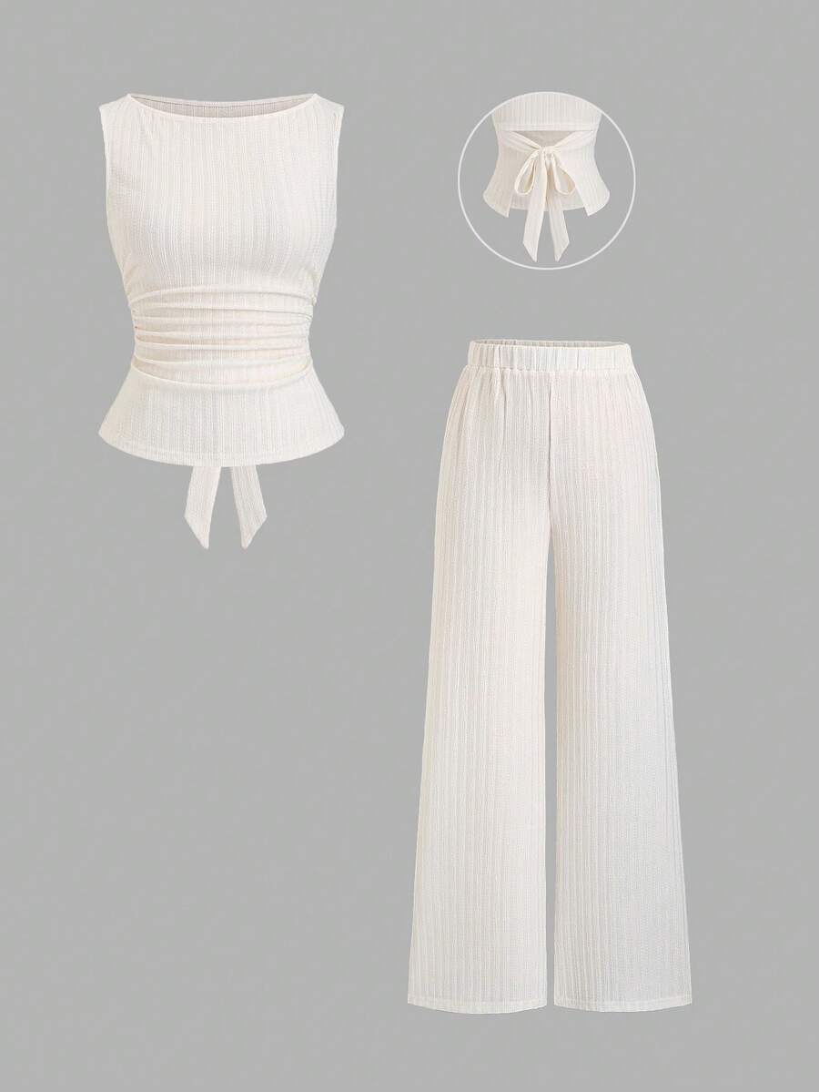 Sweetra 2pcs/Set Spring/Summer New Boat Neck Ruffle Flare Sleeve Top T-Shirt And Flare Pants, Suitable For Commuting, Going Out, All-Match Versatile - Apricot - View 1