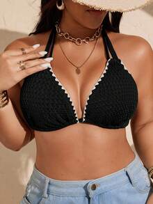 Swim Lushoire Plus Size Women Deep V Neck Drawstring Shoulder Strap Floral Trim Swimwear Top, Summer Beach Vacation - Black - View 1